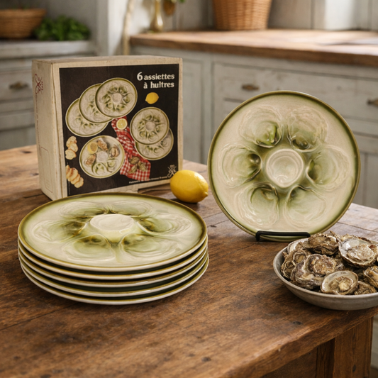 Set of decorative plates on a wooden table with a vintage box in the background