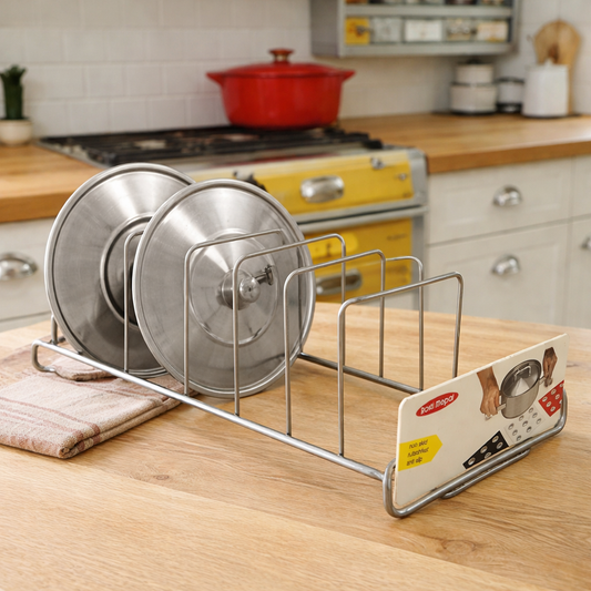 Metal pot lid organizer on a kitchen counter with a stove and cabinets in the background.