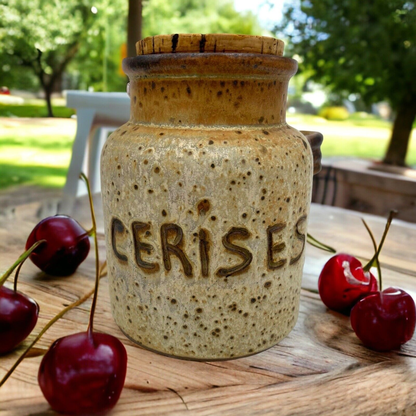 image French rustic vintage pottery cherry jar