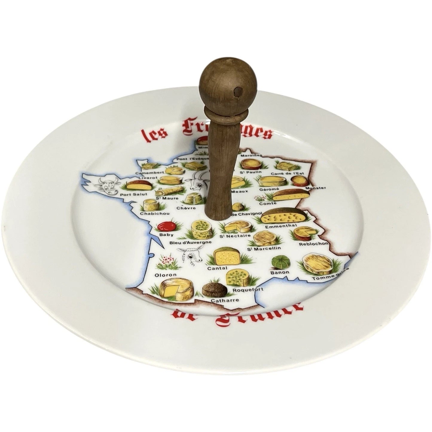 Decorative plate with a map design and wooden stand on a white background