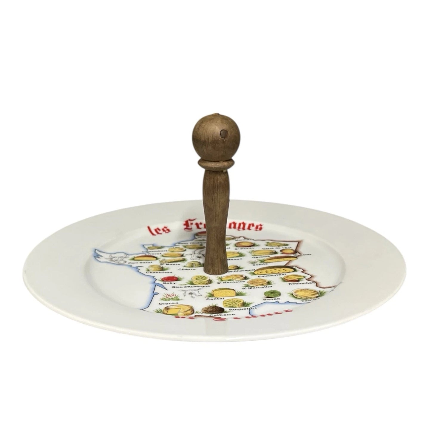 Decorative plate with a wooden handle and colorful design on a white background