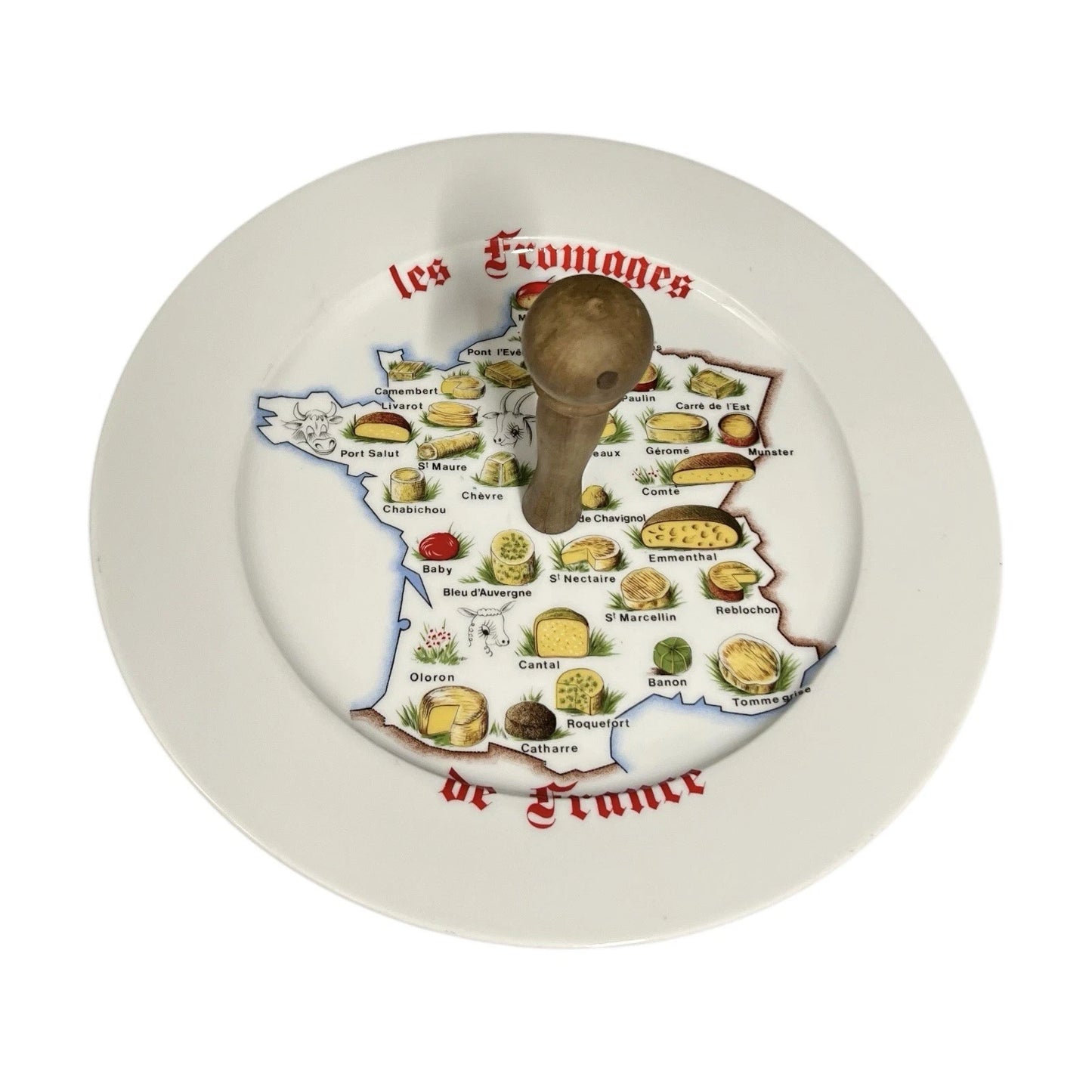 Decorative plate with a map of France featuring regional dishes and a wooden handle.