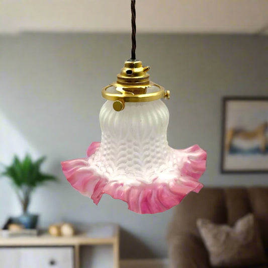 Small French vintage frosted glass tulip lampshade with new brass fittings