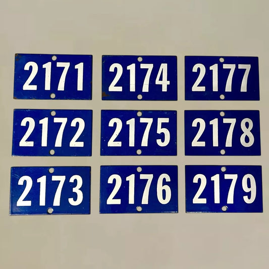 A set of vintage French blue enamel door numbers ranging from 2171 to 2179 displayed in a grid layout for sale by All Things French Store