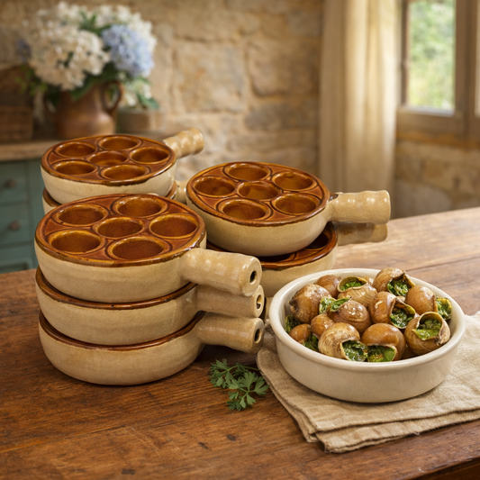 Set of ceramic snail dishes with a bowl of snails on a wooden table.