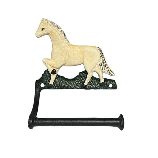 Decorative toilet paper holder with a horse design on a white background