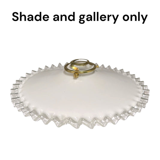 A white oval shade cover with a scalloped clear glass edge and a gold metal ring handle, shown on a white background with the text 'Shade and gallery only' at the top.