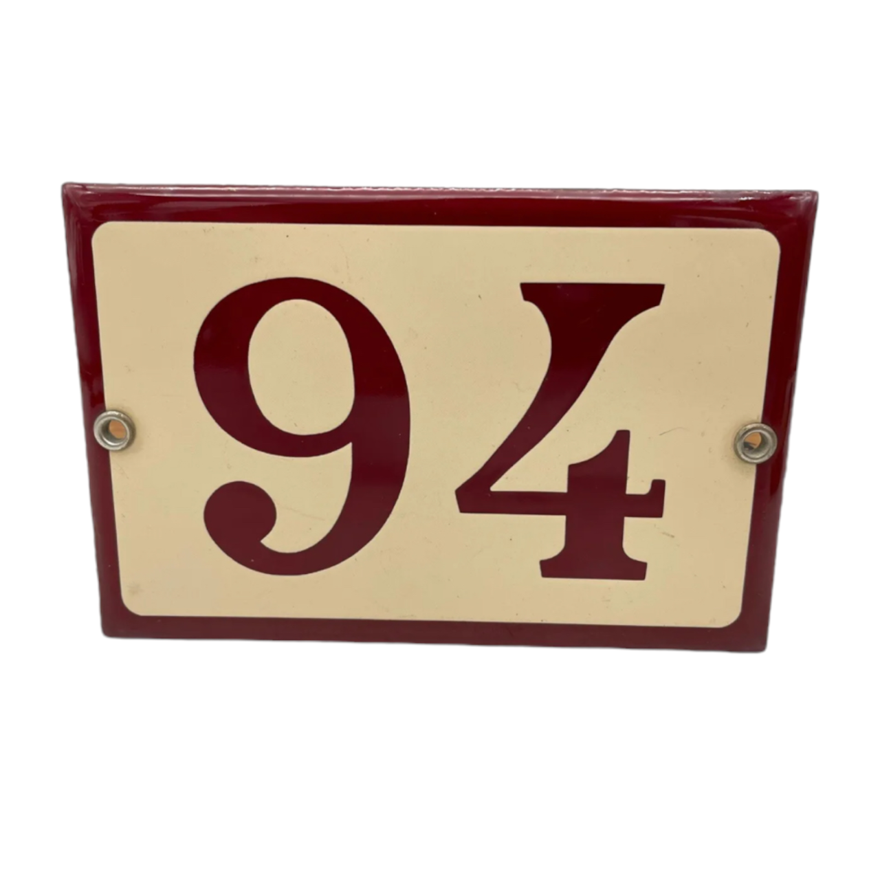 French enamel door number 94 - beige with a dark red trim and number and 2 fixing holes on a white background sold by All Things French Store