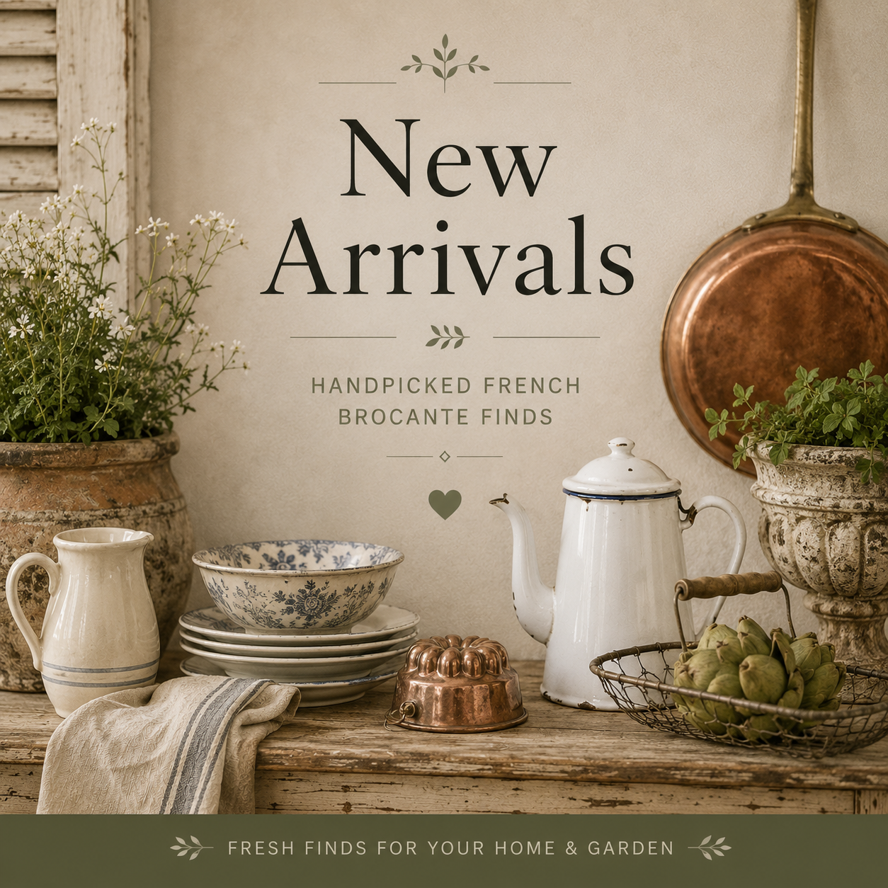 New Arrivals collection of handpicked French brocante finds, including vintage enamelware, French ceramics, copper kitchenware and rustic garden pieces styled in a classic French country setting.
