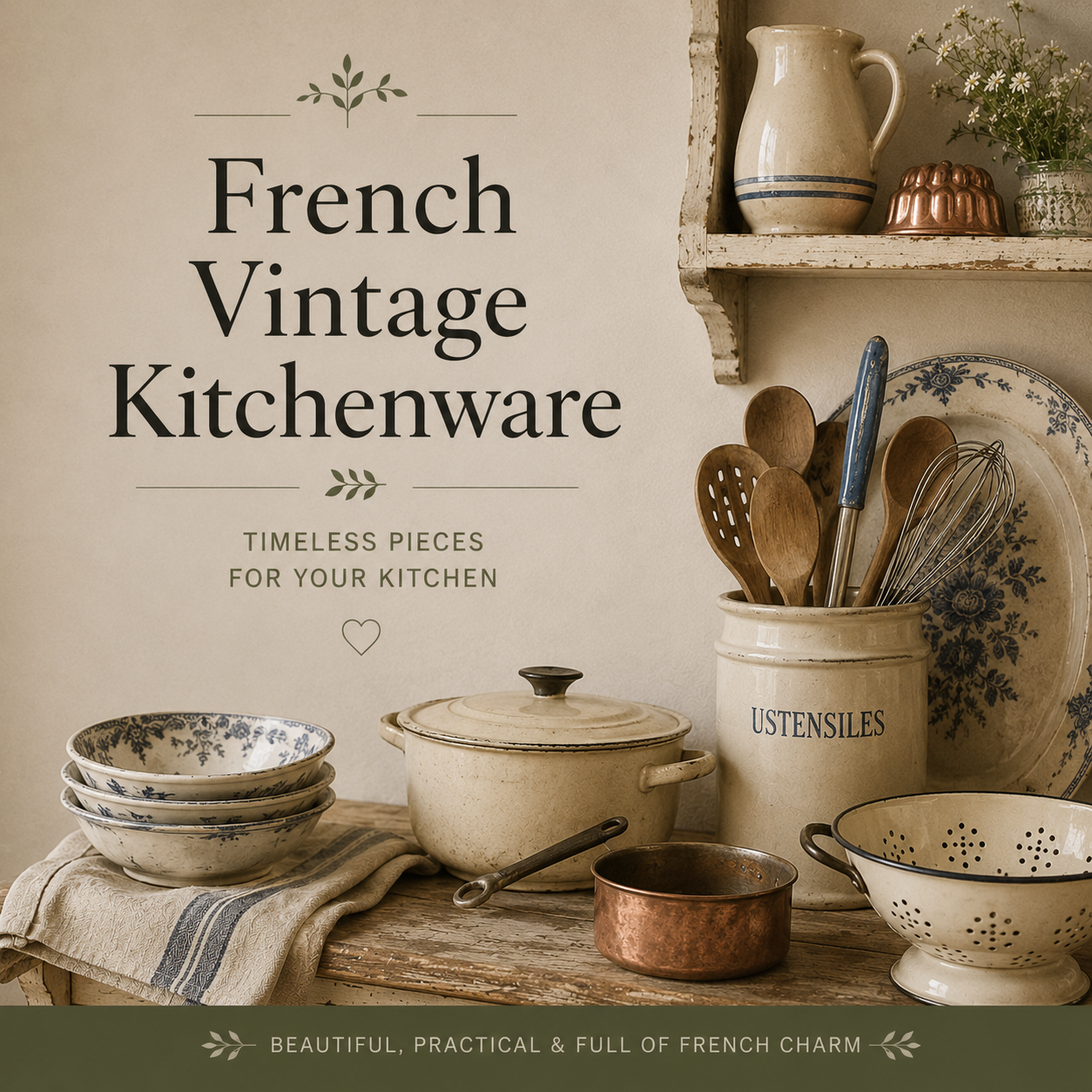 French vintage kitchenware collection featuring enamel cookware, blue and white ceramics, copper pans, kitchen utensils and rustic French brocante pieces styled in a traditional country kitchen