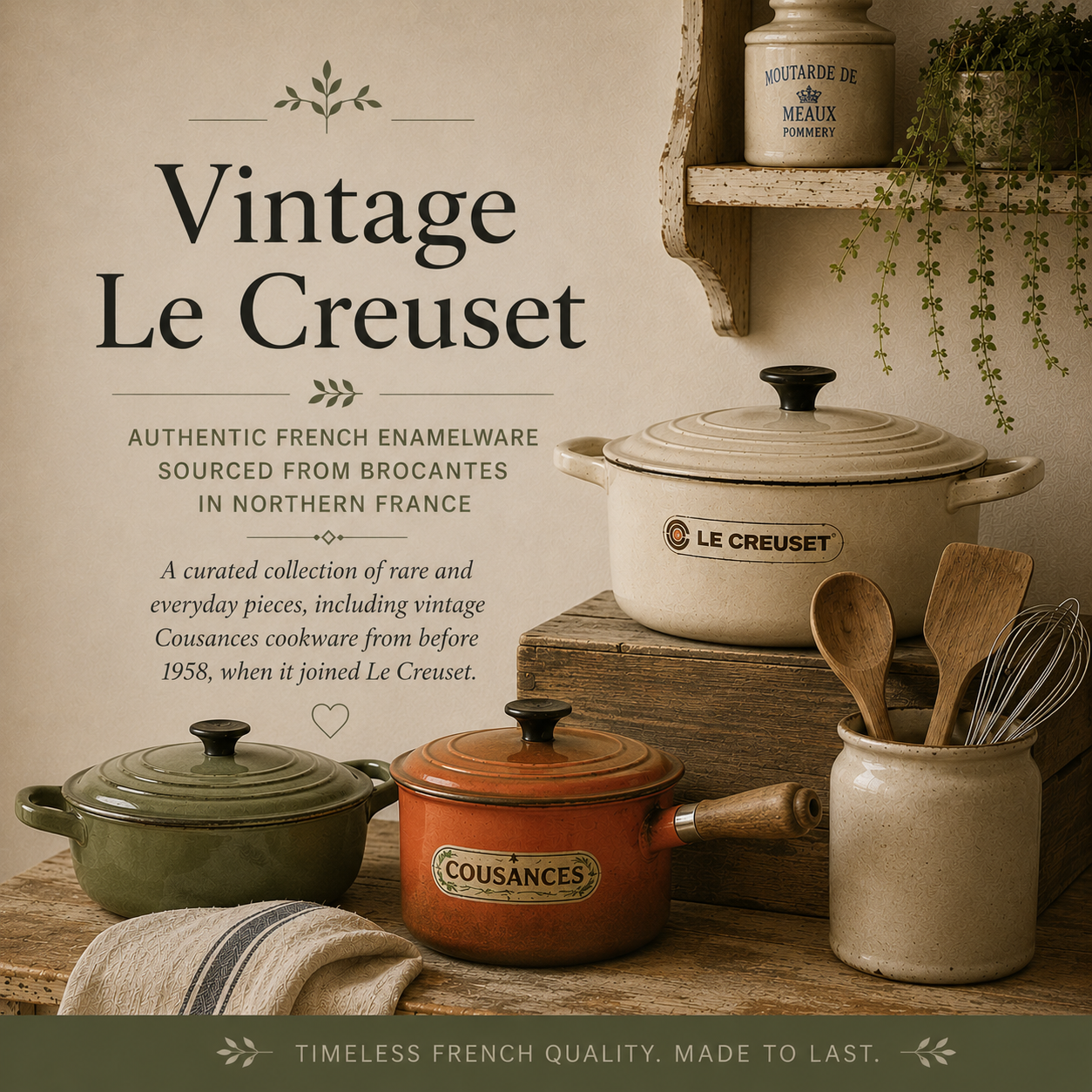 Vintage Le Creuset and Cousances French cookware collection featuring cast iron casserole dishes and saucepans, sourced from brocantes in northern France and styled in a rustic French kitchen.