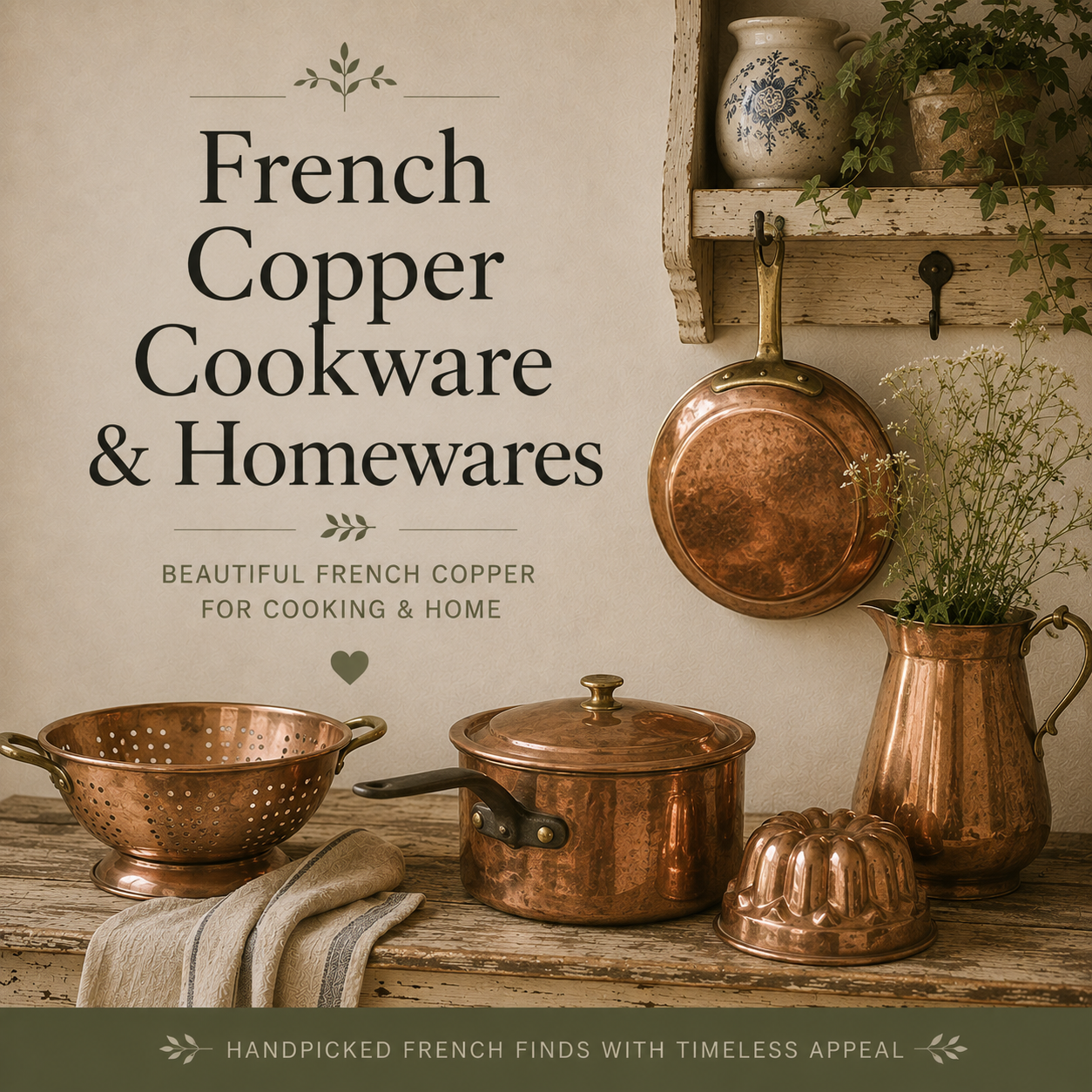 French copper cookware and homewares collection featuring vintage copper pans, colander, mould and jug, handpicked from French brocantes and styled in a rustic French country kitchen.