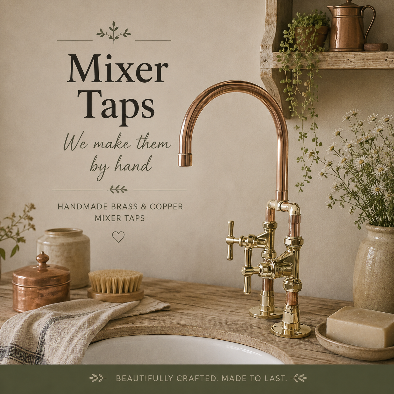 Handmade brass and copper mixer taps with a high arched spout, styled over a sink in a warm rustic interior with vintage French-inspired homewares.