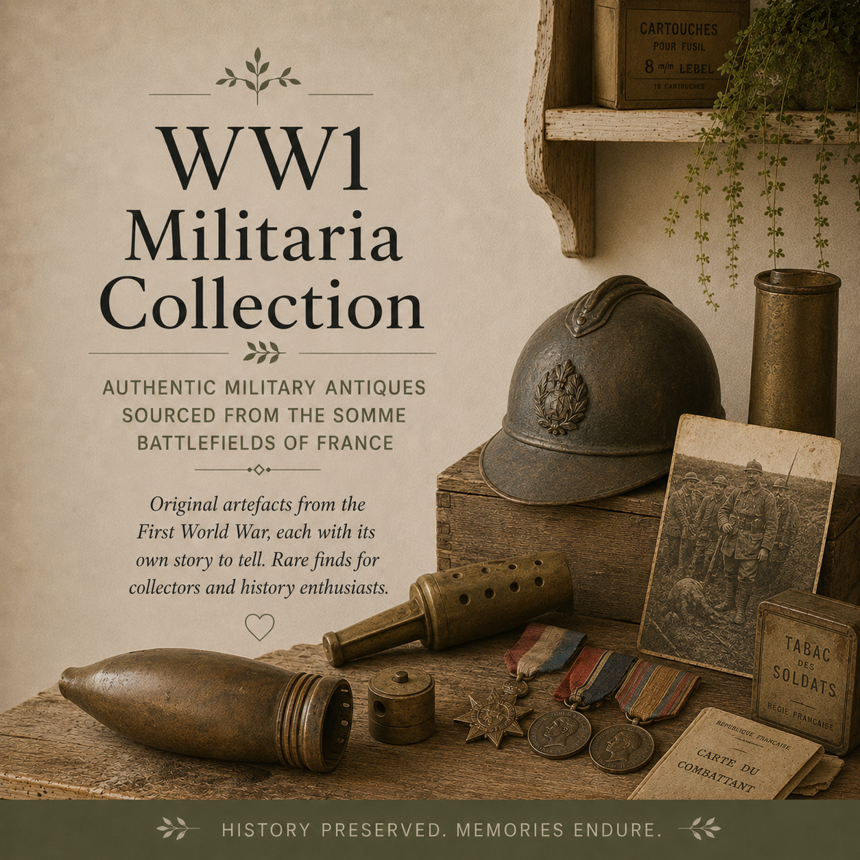 Vintage WW1 militaria collection featuring French battlefield artefacts, military helmet, shell cases, medals and historic ephemera sourced from the Somme in France