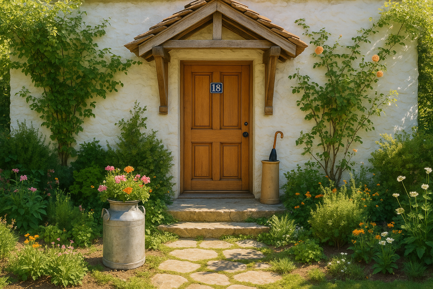 Rustic front garden with a number 18 on a front door with foliage and an umbrella stand, an aluminium planter in the garden