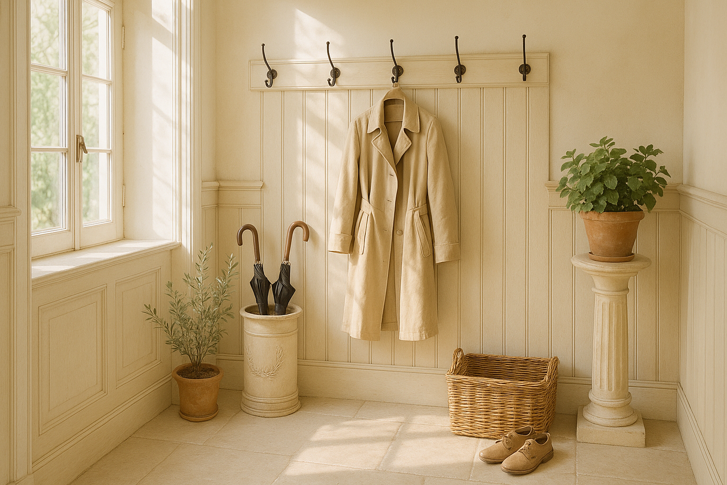 Light and airy hallway entryway with panelled walls, coat hooks and umbrella stand