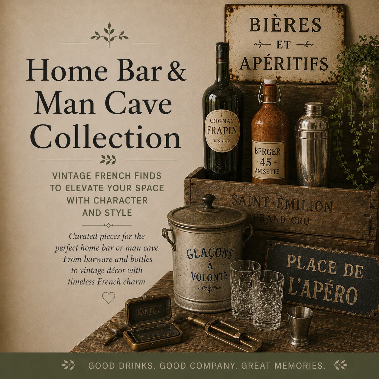 Vintage French home bar and man cave collection featuring retro barware, cocktail accessories, glassware, ice bucket, French advertising signs and rustic brocante décor.