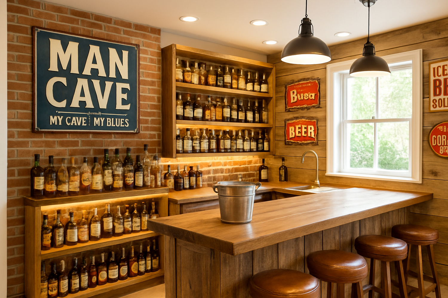 Vintage style man cave home bar with a sign for mancave and a wooden bar