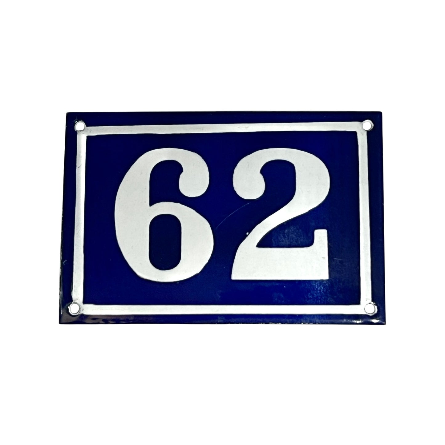 Blue rectangular plate with white numbers '62' on a white background