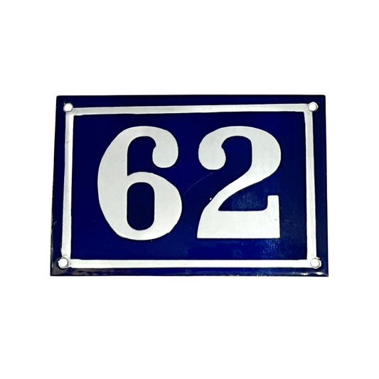 Blue rectangular plate with white numbers '62' on a white background