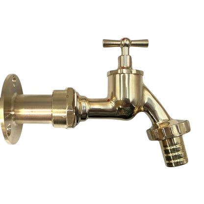 A brass tap faucet with a cross-handle valve and a threaded hose connection, shown against a plain white background.