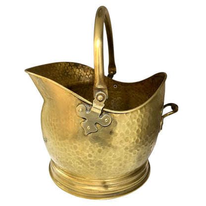 Vintage French brass fireside coal bucket with handle on a white background