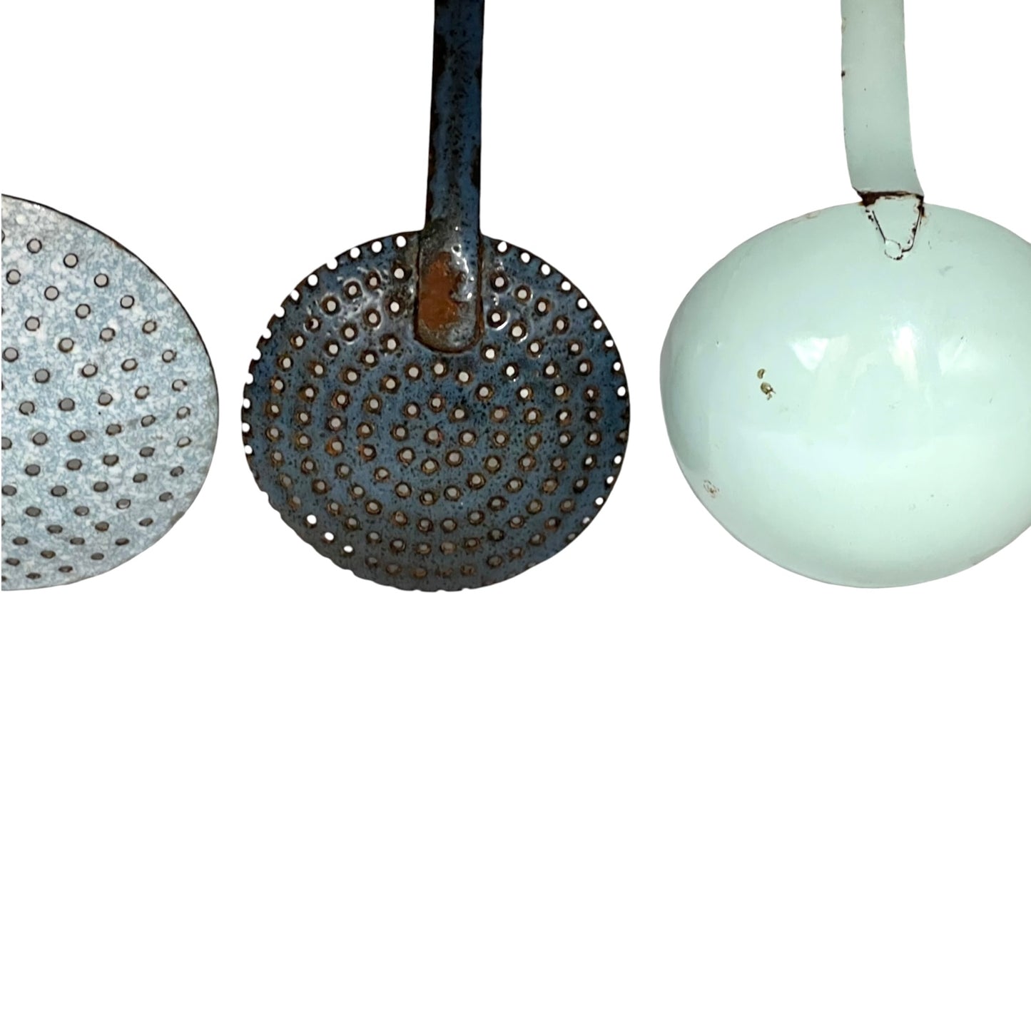 Vintage French Enamel Kitchen Utensils – Set of 4 Ladles & Strainers