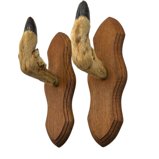 pair of wooden deer antler mounts with fur on a white background