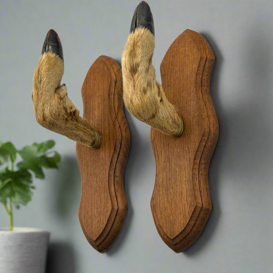pair of wooden deer antler mounts with fur on a grey background