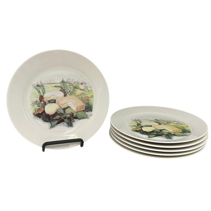 A set of 6 French cheese plates each showing different cheeses on a white background