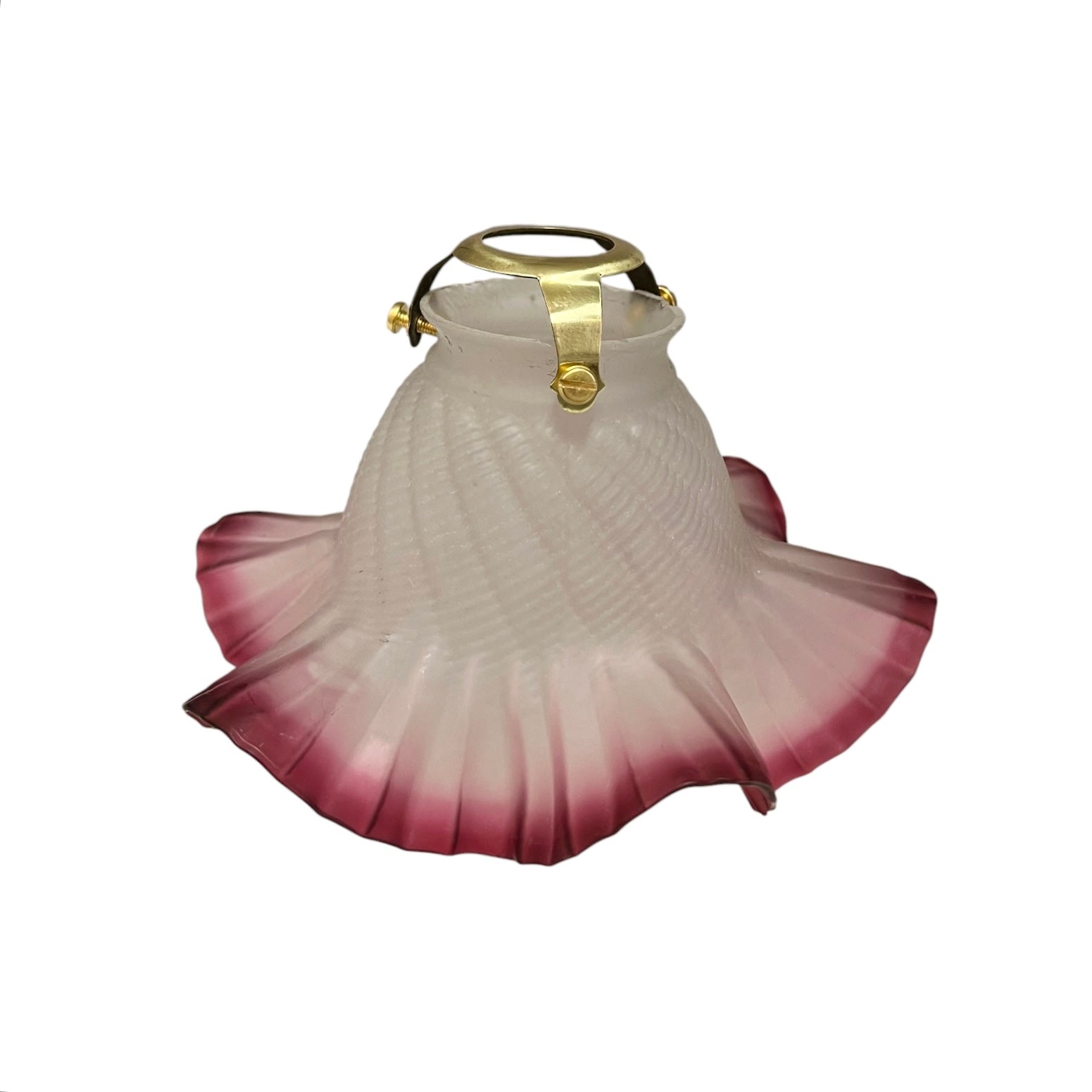 Glass lamp shade with gold handle on a white background