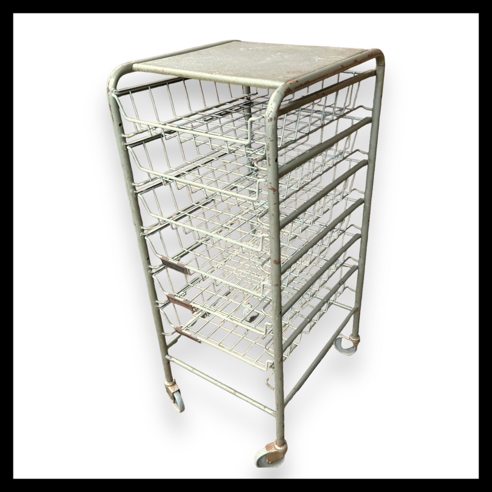 Vintage French Metal Drawer Trolley on Wheels, Industrial Mobile File Storage for sale from All Things French Store