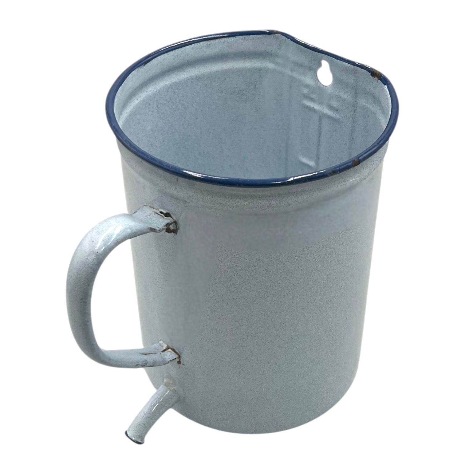 French vintage enamel irrigator jug, white and blue with a handle and a small spout on a white background
