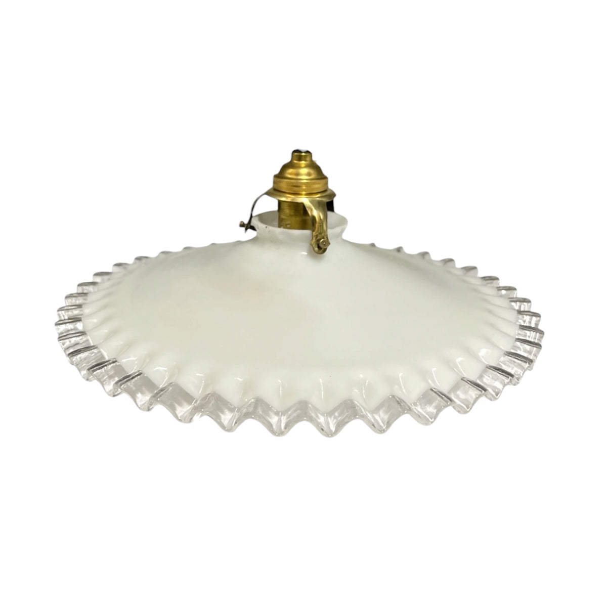 Vintage French Opaline Milk Glass Coolie Pendant Shade Clear Rim 26cm