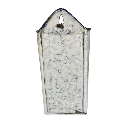 An antique enamel wall pot or hanging organiser with a white marbled crackle glaze and dark blue trim, featuring a top hanging loop.