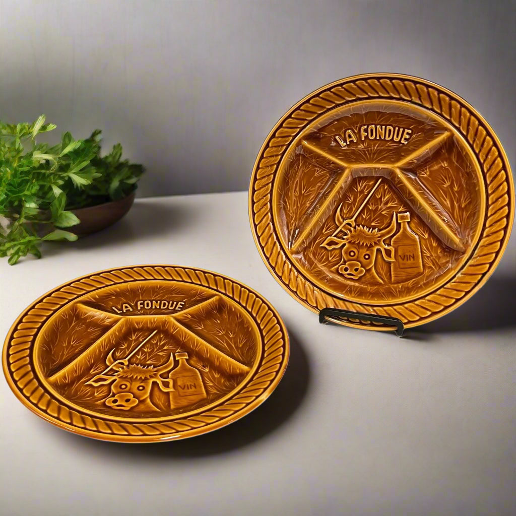 Pair of French Vintage Fondue Plates, La Fondue Sectioned Buffet Plates