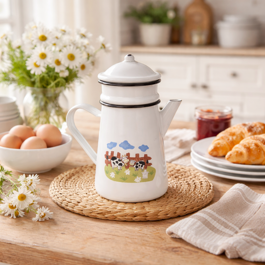 White enamel coffee pot or teapot with farm design on a farmhouse kitchen table