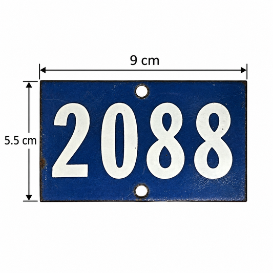 A rectangular blue house number plaque with white numerals '2088' and dimension arrows showing 9 cm width and 5.5 cm height on a white background.
