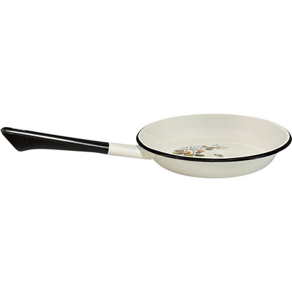 White frying pan with black handle on a white background