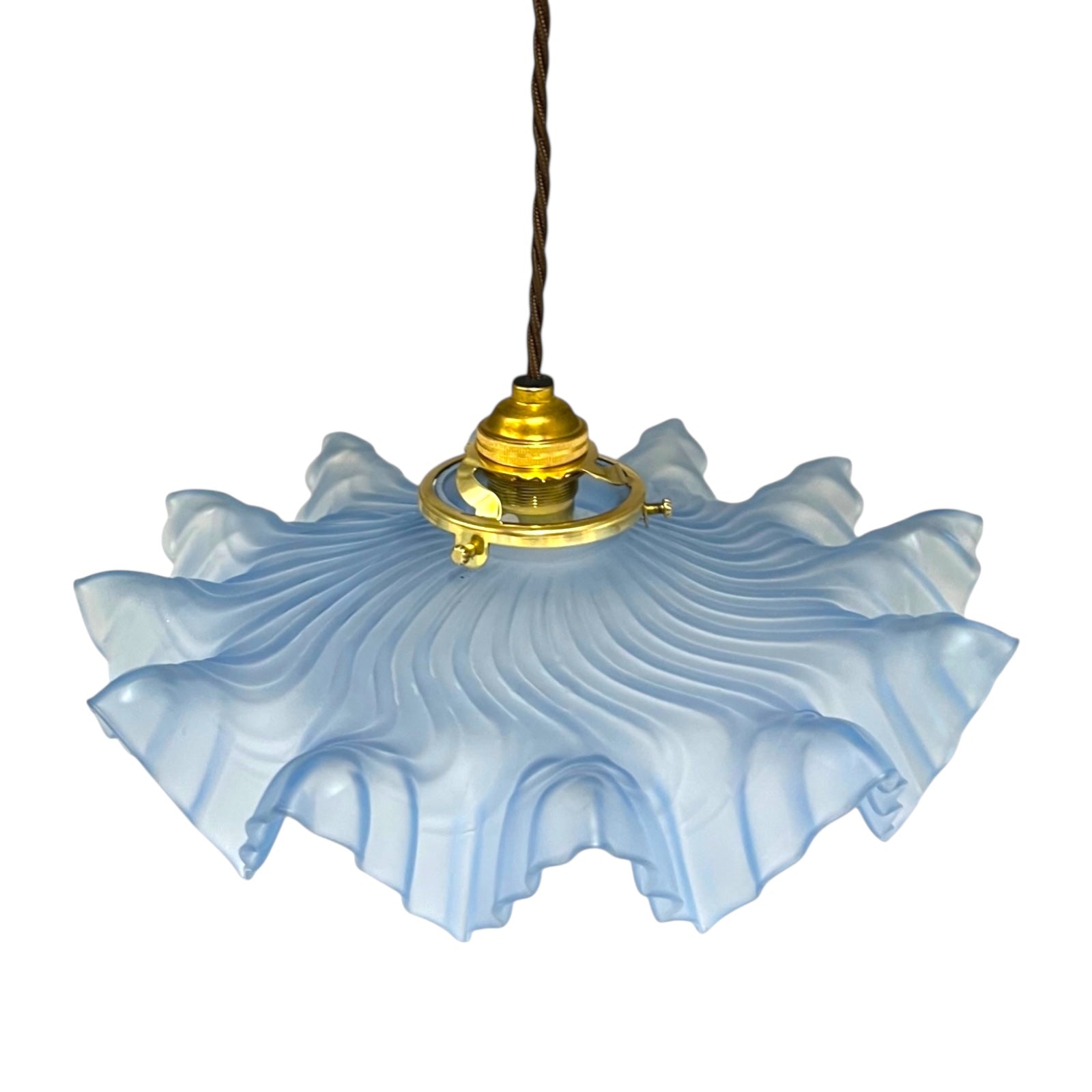 Vintage-style pendant light with a blue glass shade, a brass fitting and a brown twisted wire on a white background for sale from All Things French Store