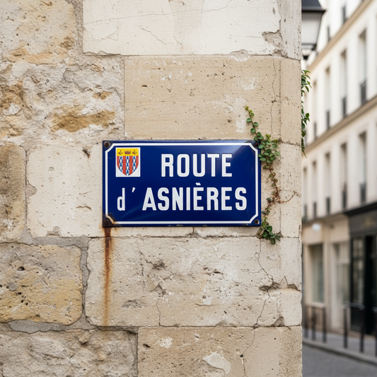 Street sign reading 'ROUTE d'ASNIèRES' on a stone wall.