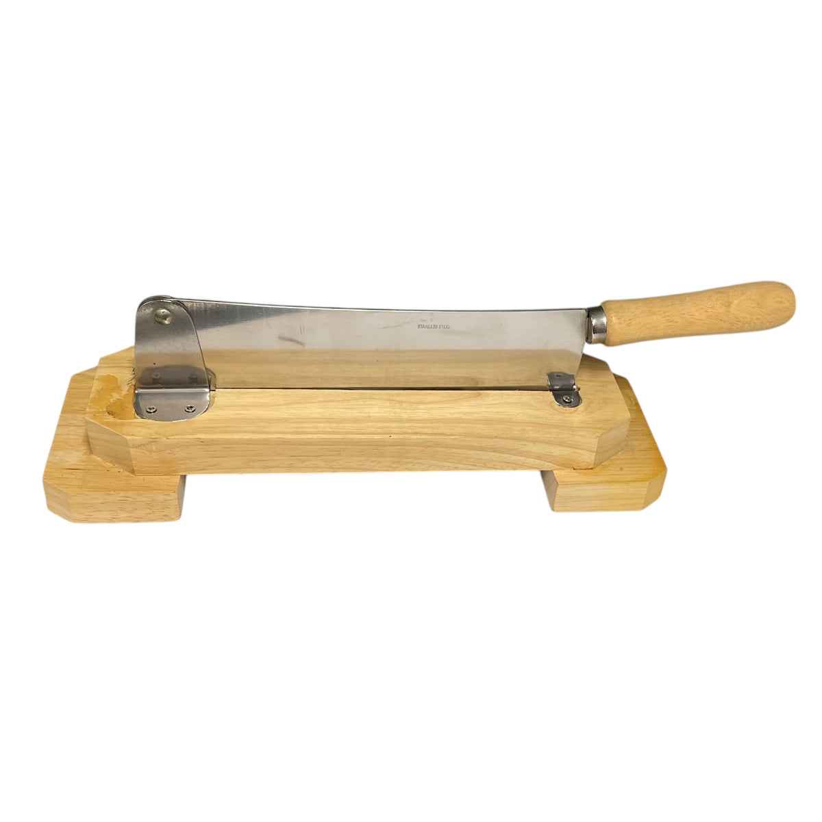 A wooden and metal bread cutter with a light wood handle, resting on its matching wooden base against a plain white background.
