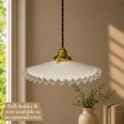 Vintage French Opaline Milk Glass Pendant Pie Crust Lampshade with Brass Collar