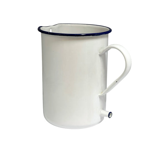 A white enamel pitcher with a dark blue rim and a matching white handle, shown on a plain white background.