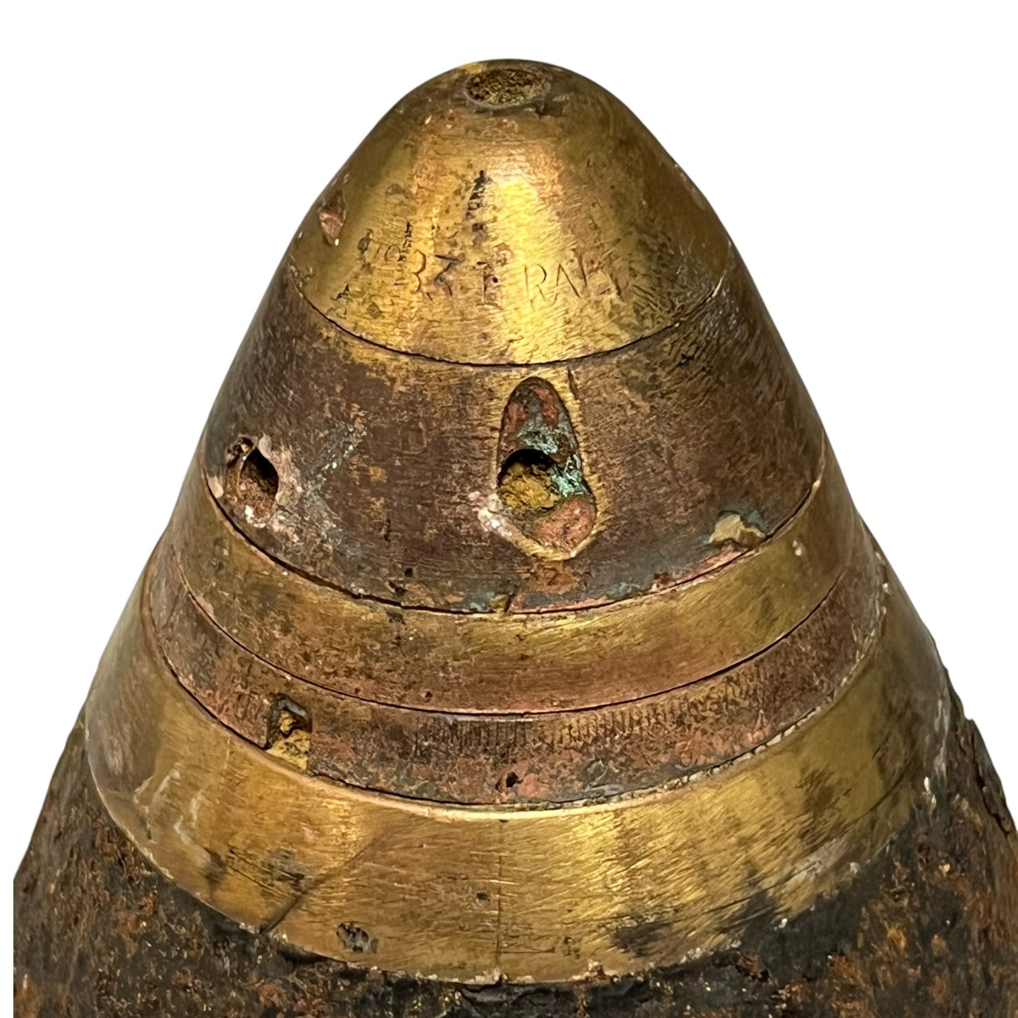 Close up of WW1 brass fuse on a white background