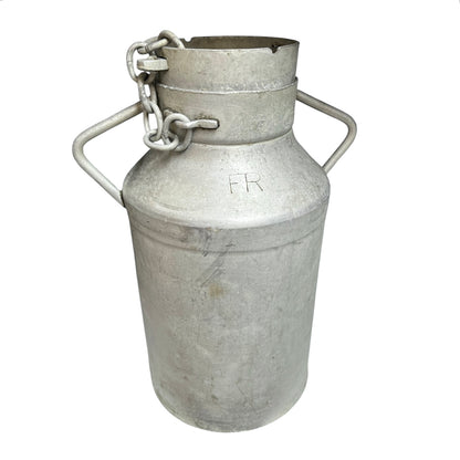 A French vintage aluminum milk churn, perfect for use as a charming garden planter or creatively upcycled into a seat, complete with a lid, set against a white background.
