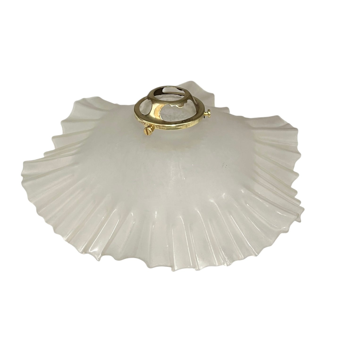 White glass lamp shade with gold metal fixture on a white background
