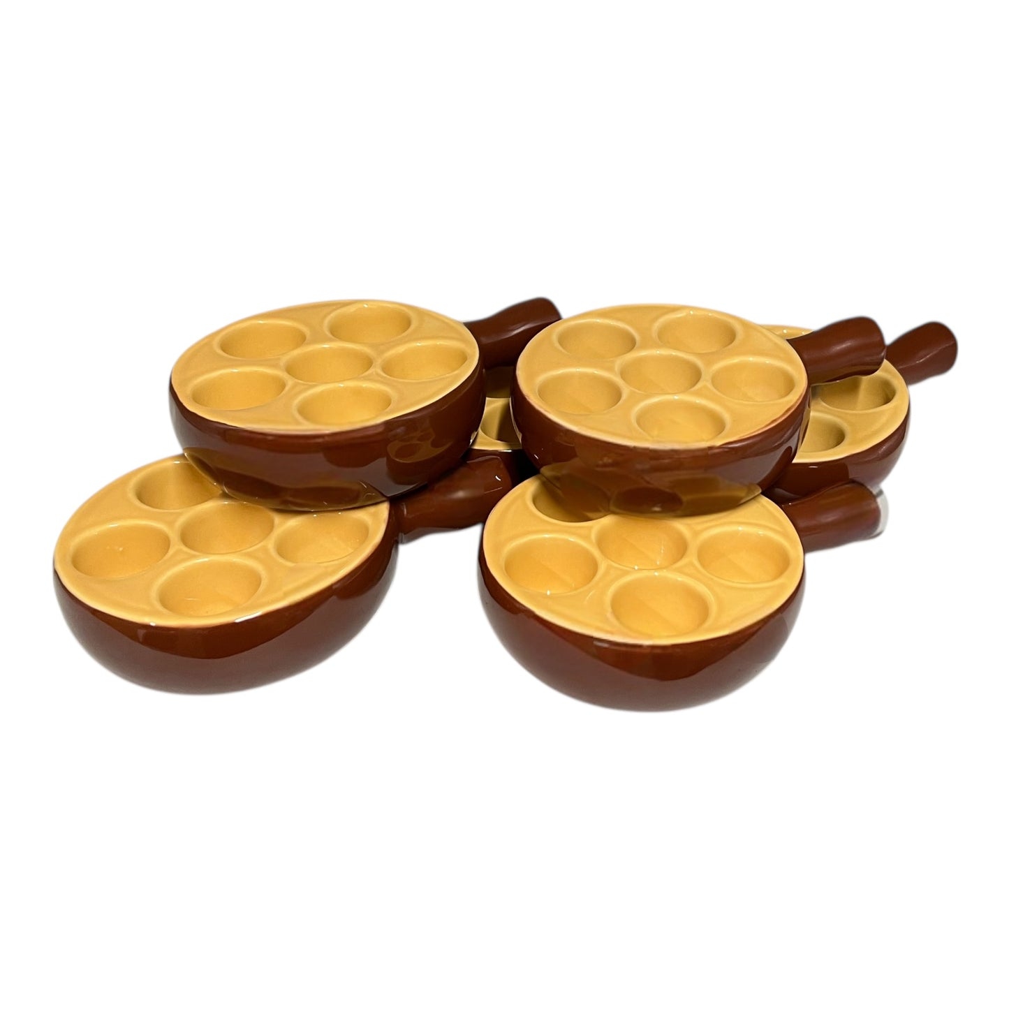 Set of 6 brown ceramic escargots dishes with handles and a pale interior, on a white background.