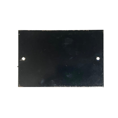 A rectangular black metal plate with two pre-drilled holes on the left and right sides, shown against a plain white background.