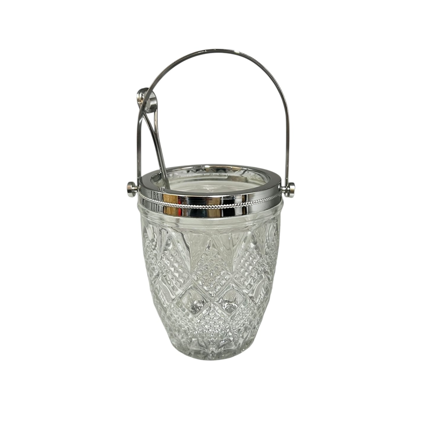 Clear glass ice bucket with silver scoop and handle on a white background